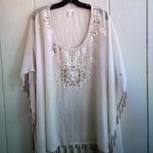 Chico's Cream Tunic with Embroidered Details Beaded Sequin Sheer Poncho Large